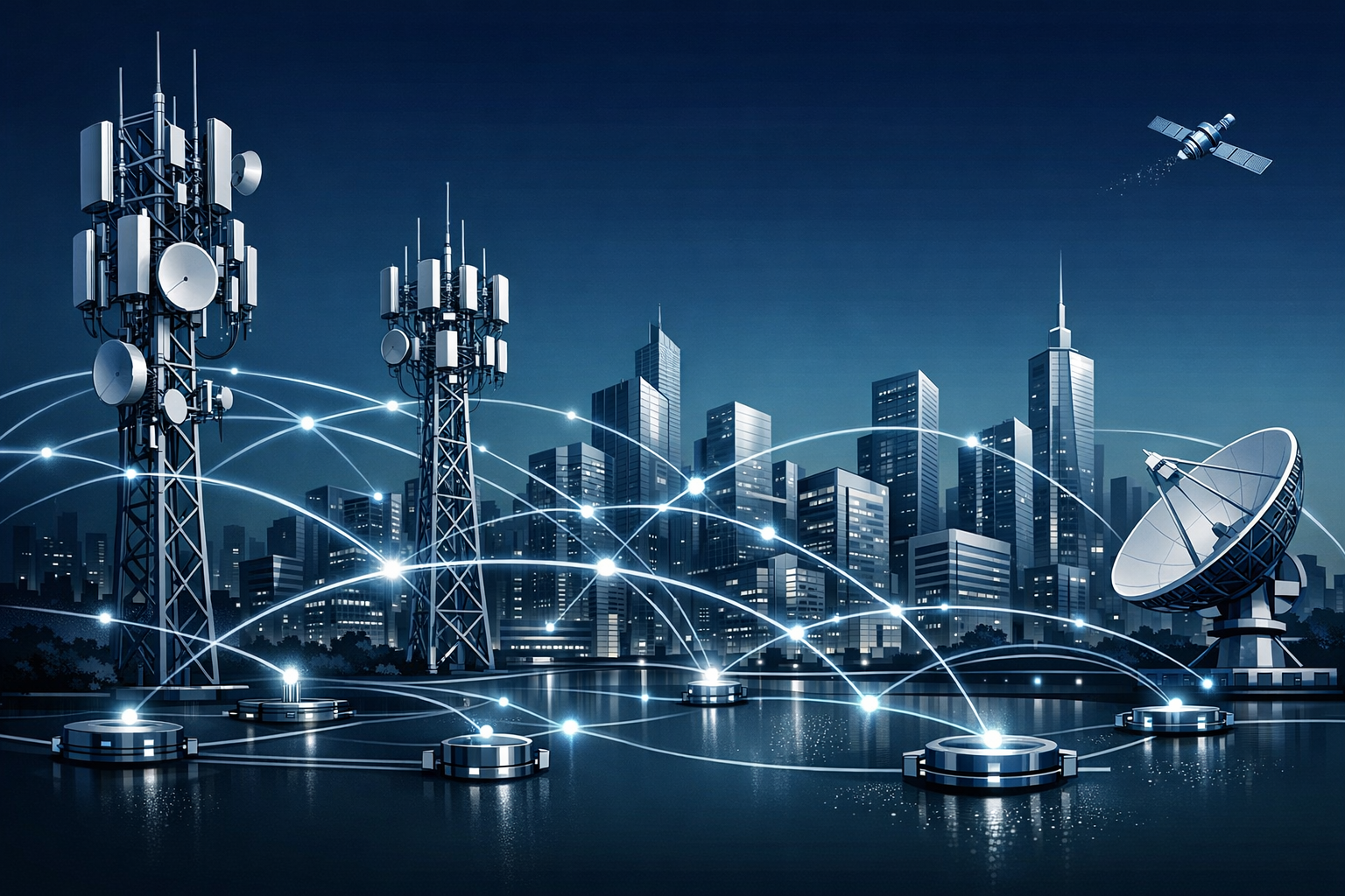 Telecommunications infrastructure illustration showing communication towers and network connectivity across a modern city skyline